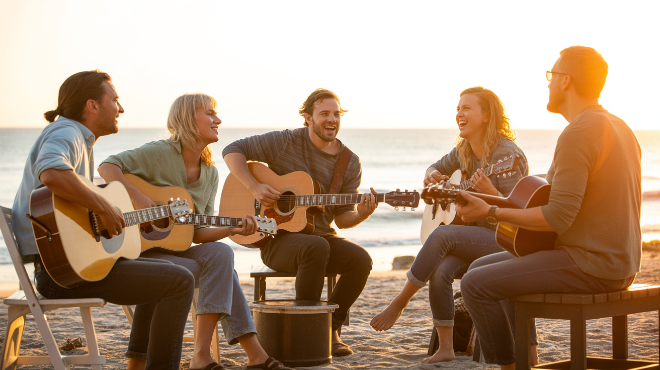 Group of people playing acoustic guitars together on the beach at sunset - the community and joy of making music